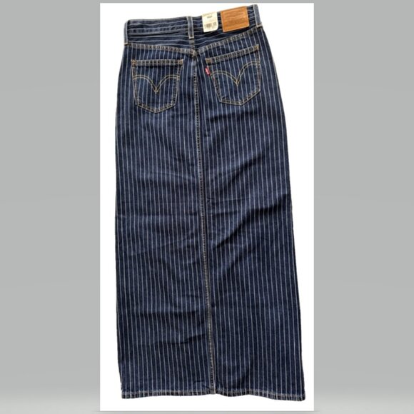 Levi's Premium Ankle Column Denim Skirt Striped Partly Masked Dark Wash NWT - Picture 8 of 12